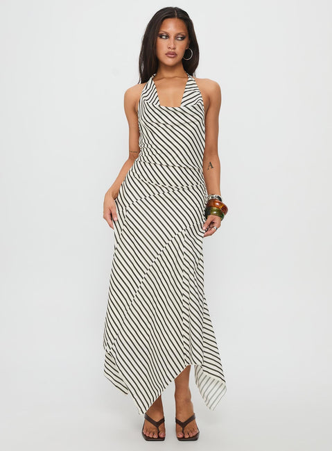 Junipa Halter Asymmetrical Maxi Dress White Stripe