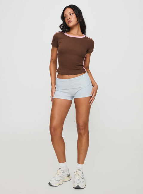 front view of model wearing Princess Polly Baseline Rib Tee Brown / Pink Short Sleeves Crew Neck 
