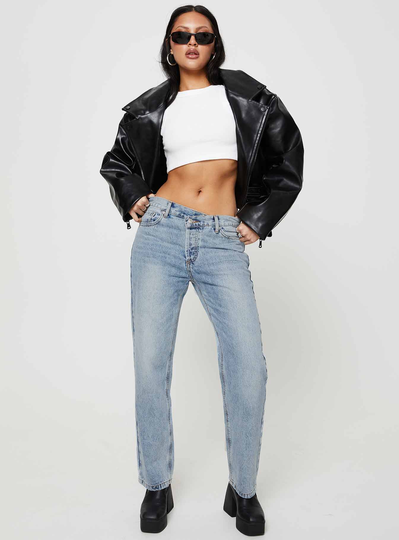 product Princess Polly Low Rise Jeans  Holly Asymmetric Straight Leg Jean Light Wash Denim Lower Impact