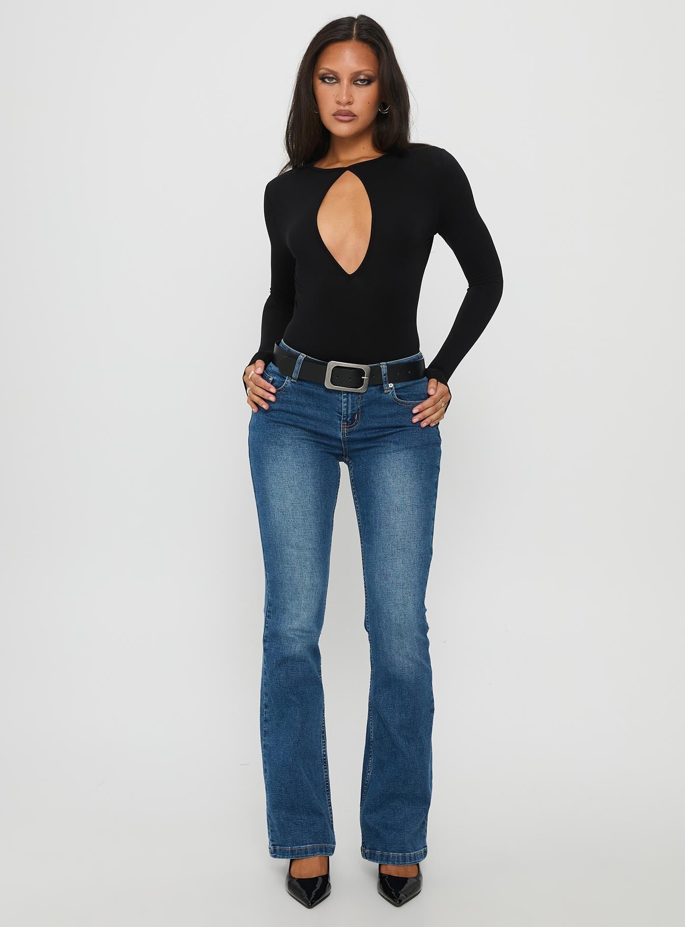 Tovira Cut Out Long Sleeve Bodysuit Black