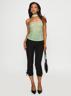 back view of model wearing Princess Polly No Comparison Neck Tie Strapless Top Green Check Sleeveless straight 