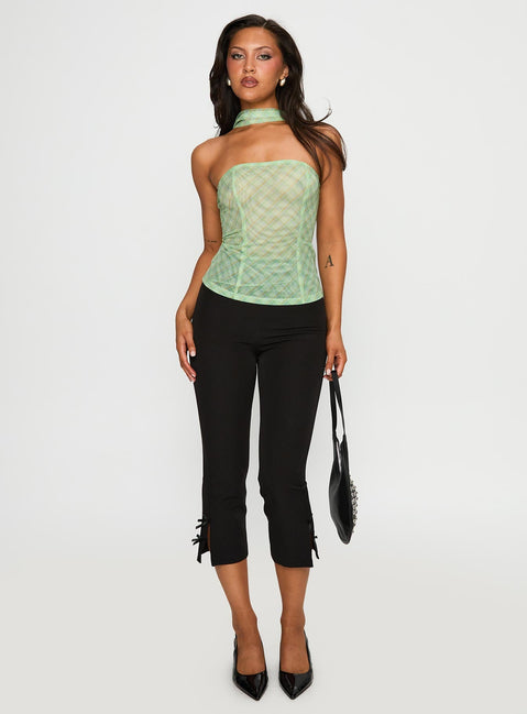 back view of model wearing Princess Polly No Comparison Neck Tie Strapless Top Green Check Sleeveless straight 