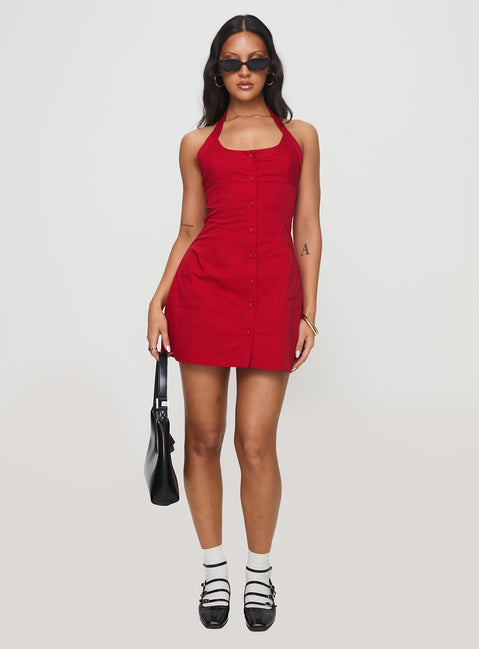 side view of model wearing Princess Polly Mallorie Halter Mini Dress Red Petite Scoop Neck 