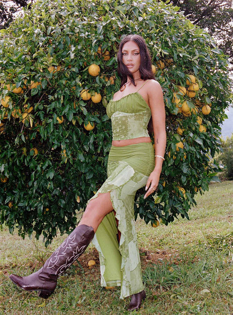 Front view of model wearing  front Princess Polly Sleeveless High Neck  Sharifa Patchwork Top Green