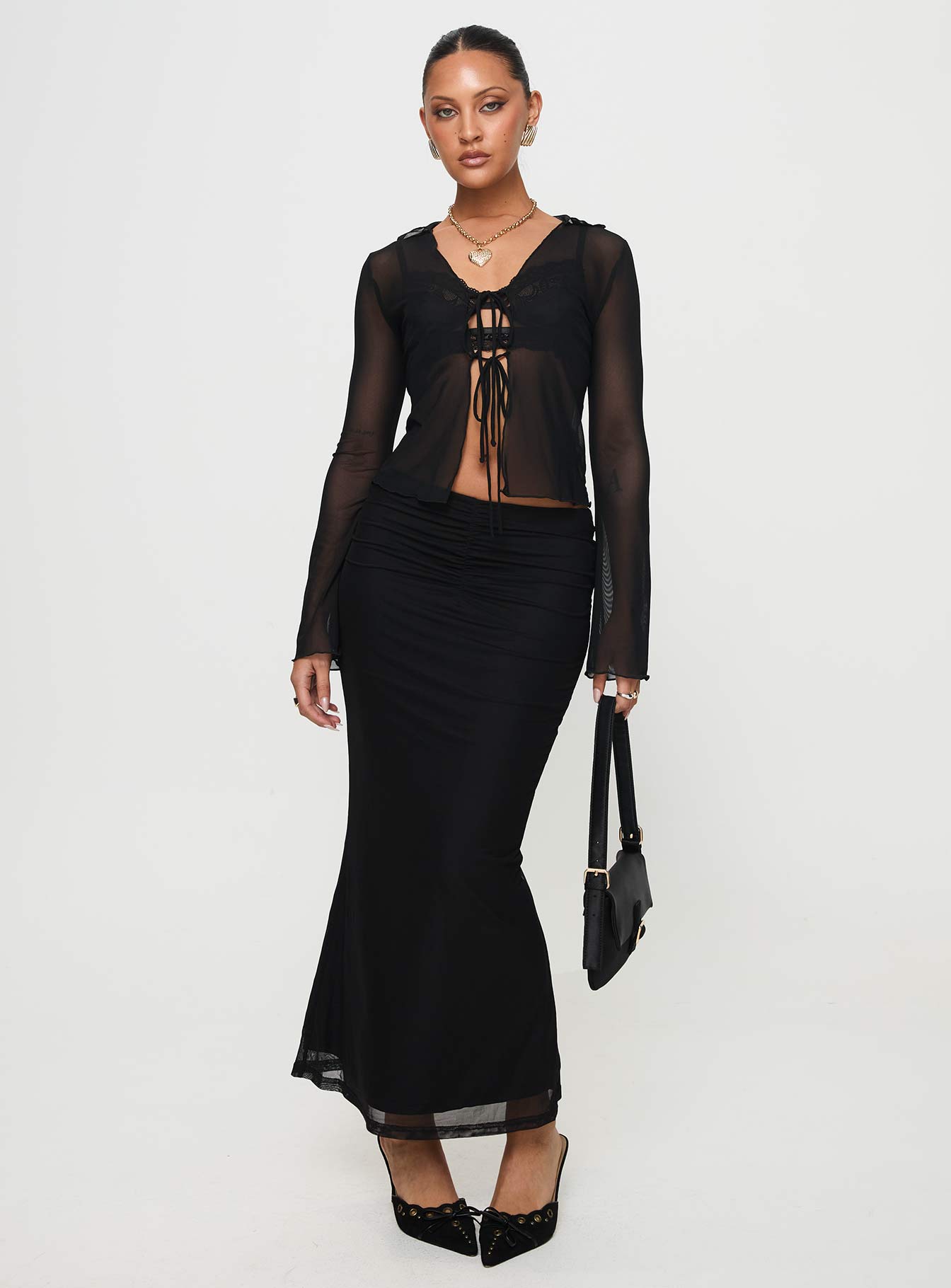   front view of model wearing Princess Polly Colombo Maxi Skirt Black Maxi 