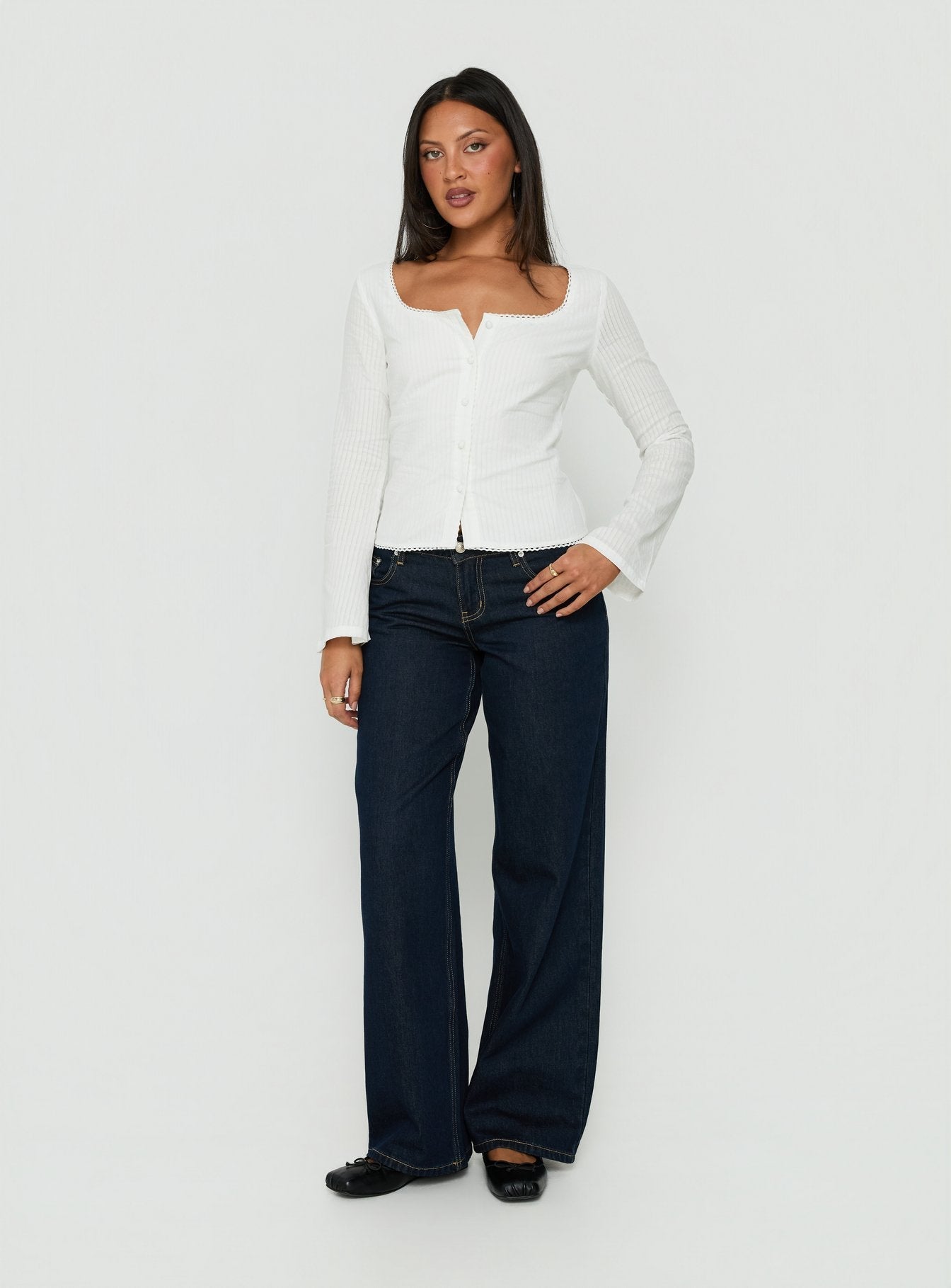 Leoniah Pico Trim Button Up Long Sleeve Top White