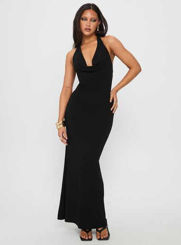 Diamonde Halter Scarf Maxi Dress Black