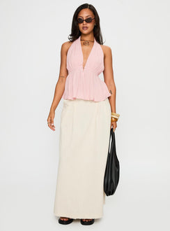 back view of model wearing Princess Polly Saddler Halter Top Pink Sleeveless Plunger 