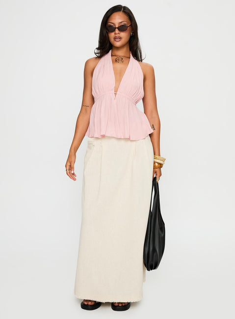 back view of model wearing Princess Polly Saddler Halter Top Pink Sleeveless Plunger 