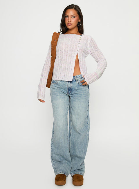 front view of model wearing Princess Polly Lenker Knit Jumper Lilac Cropped 