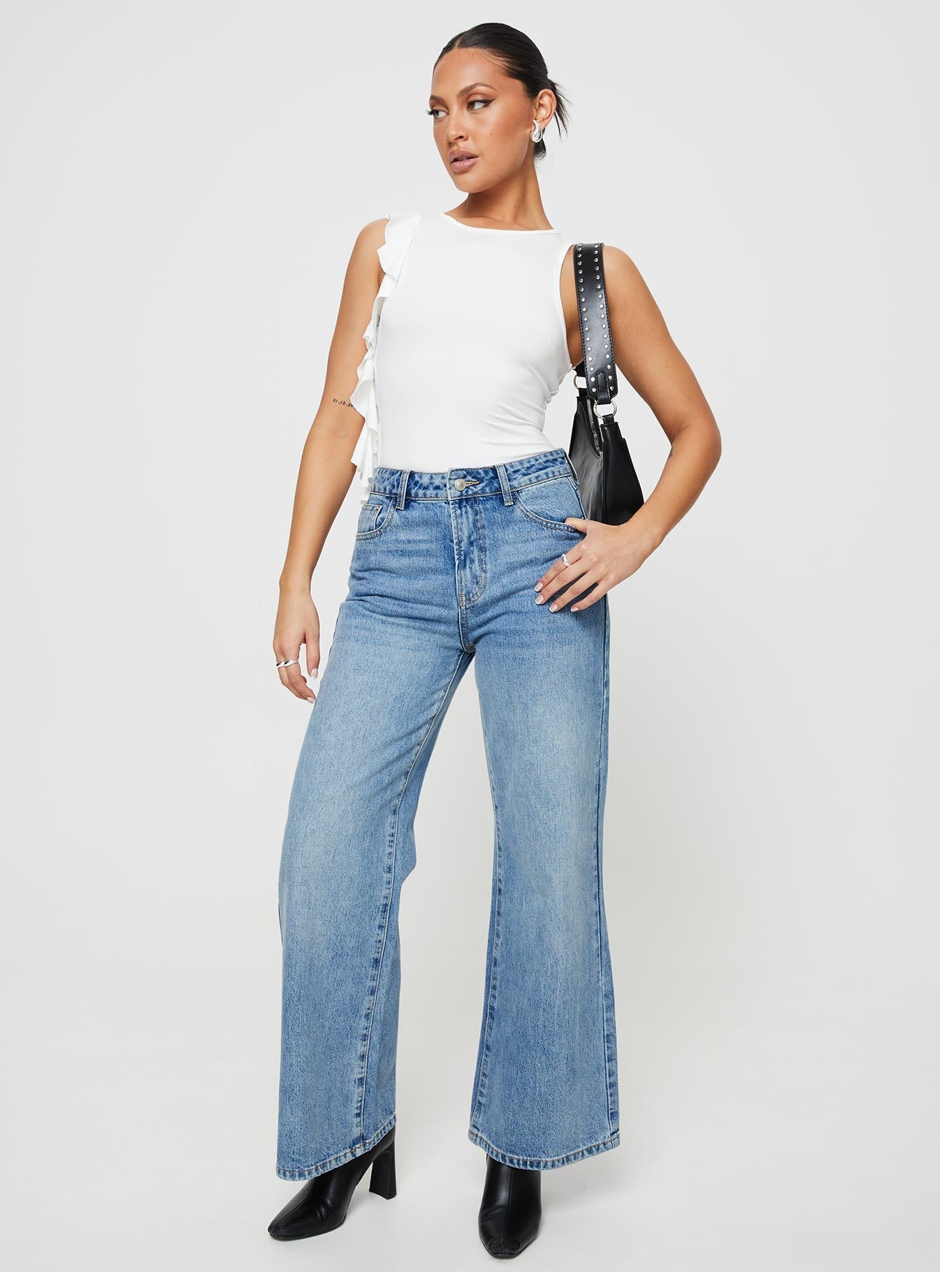 front view of model wearing Princess Polly Lavina Bodysuit White Sleeveless Crew Neck 