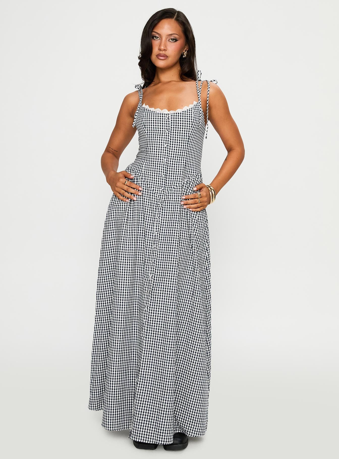 Dalanie Tie Strap Maxi Dress Navy Gingham