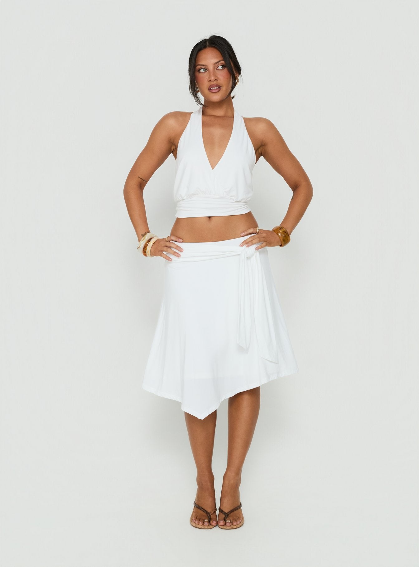 Soft Focus Tie Waist Midi Skirt White