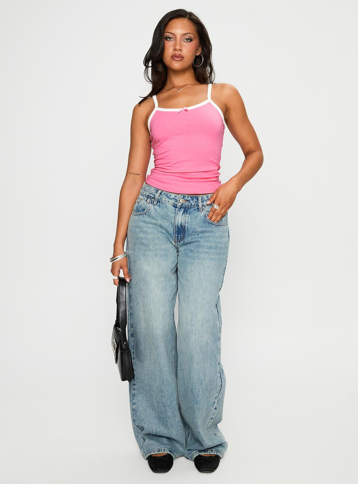 front view of model wearing Princess Polly Edge Of Town Mid Rise Straight Leg Jeans Vintage Blue Mid Rise Jeans Jeans 