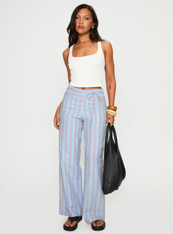 front view of model wearing Princess Polly Rush Hours Pants Blue Multi High Waisted Pants 