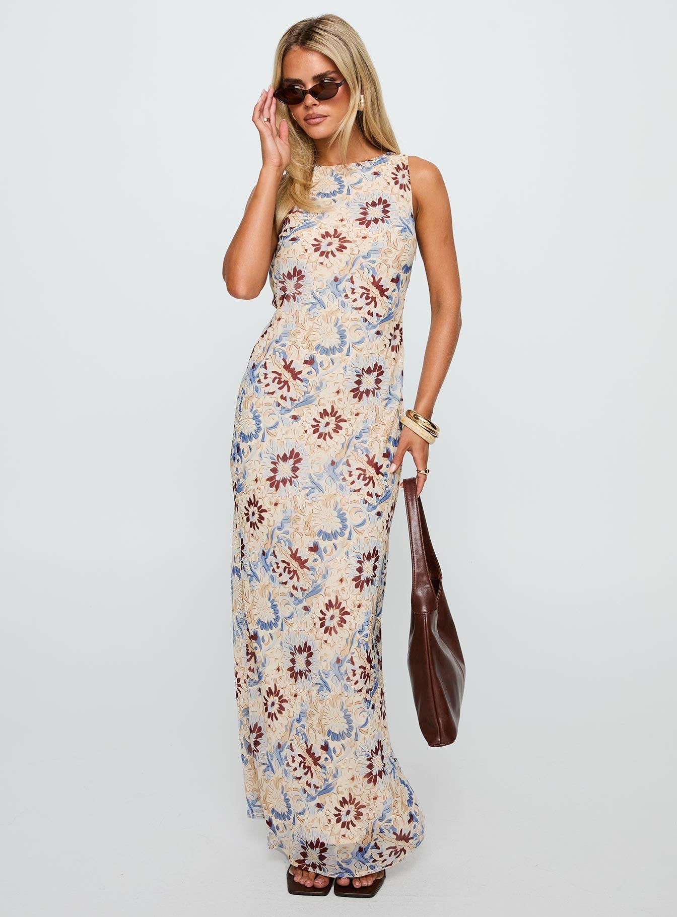 side view of model wearing Princess Polly Roam Free Maxi Dress Multi Crew Neck 