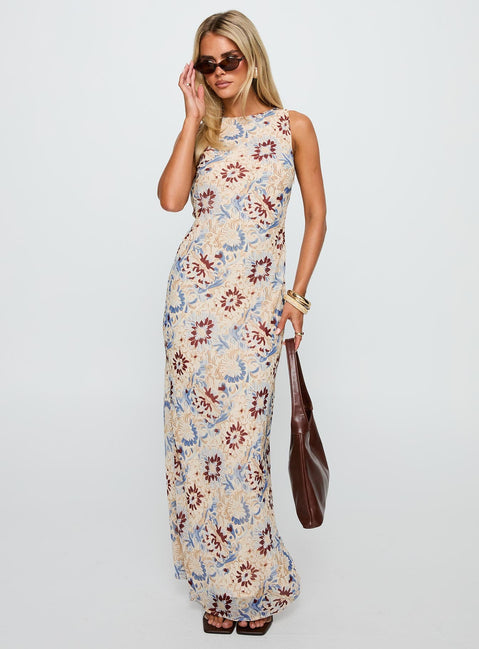 side view of model wearing Princess Polly Roam Free Maxi Dress Multi Crew Neck 