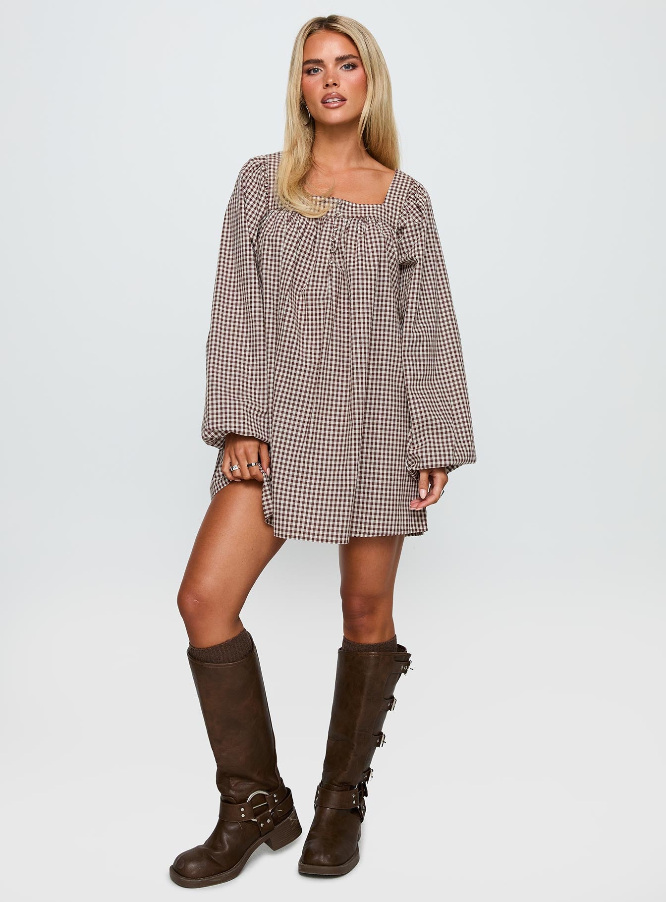 Lilibet Long Sleeve Mini Dress Brown Check
