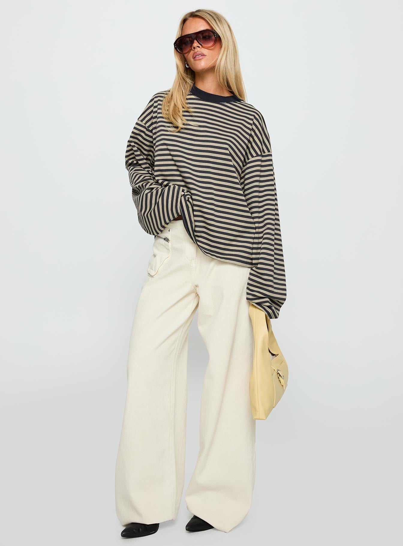 front view of model wearing Princess Polly Bloom Long Sleeve Top Beige Stripe Full Sleeves Crew Neck 