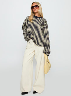 front view of model wearing Princess Polly Bloom Long Sleeve Top Beige Stripe Full Sleeves Crew Neck 