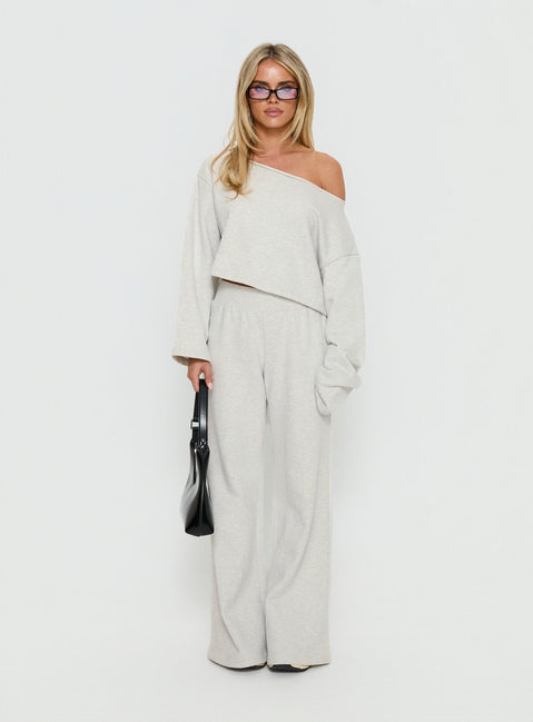 front view of model wearing Princess Polly Retreat Raw Edge Off Shoulder Jumper Snow Marle cropped 