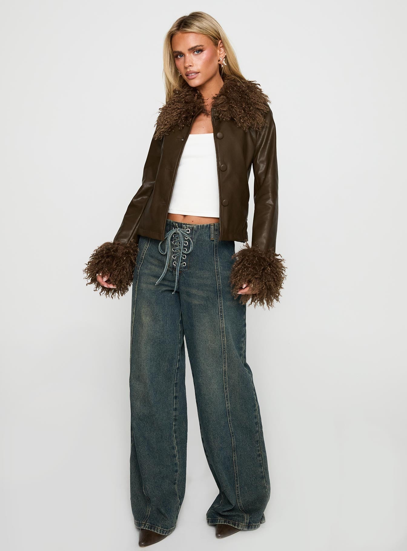 Cupid Clouds Faux Leather Jacket Brown