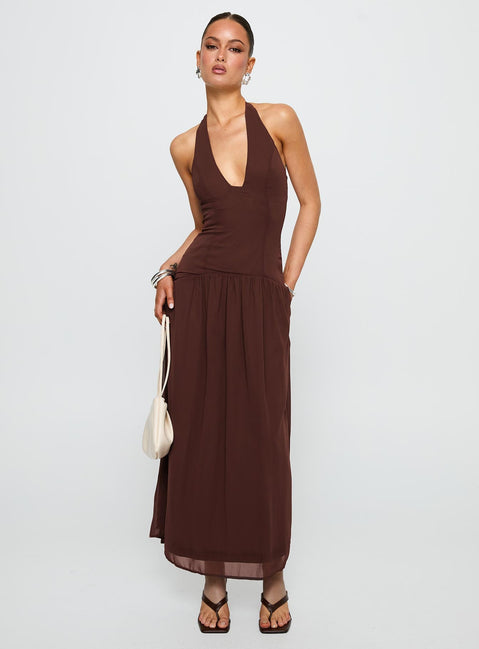 front view of model wearing Princess Polly Chestnut Drop Waist Maxi Dress Brown Plunger 