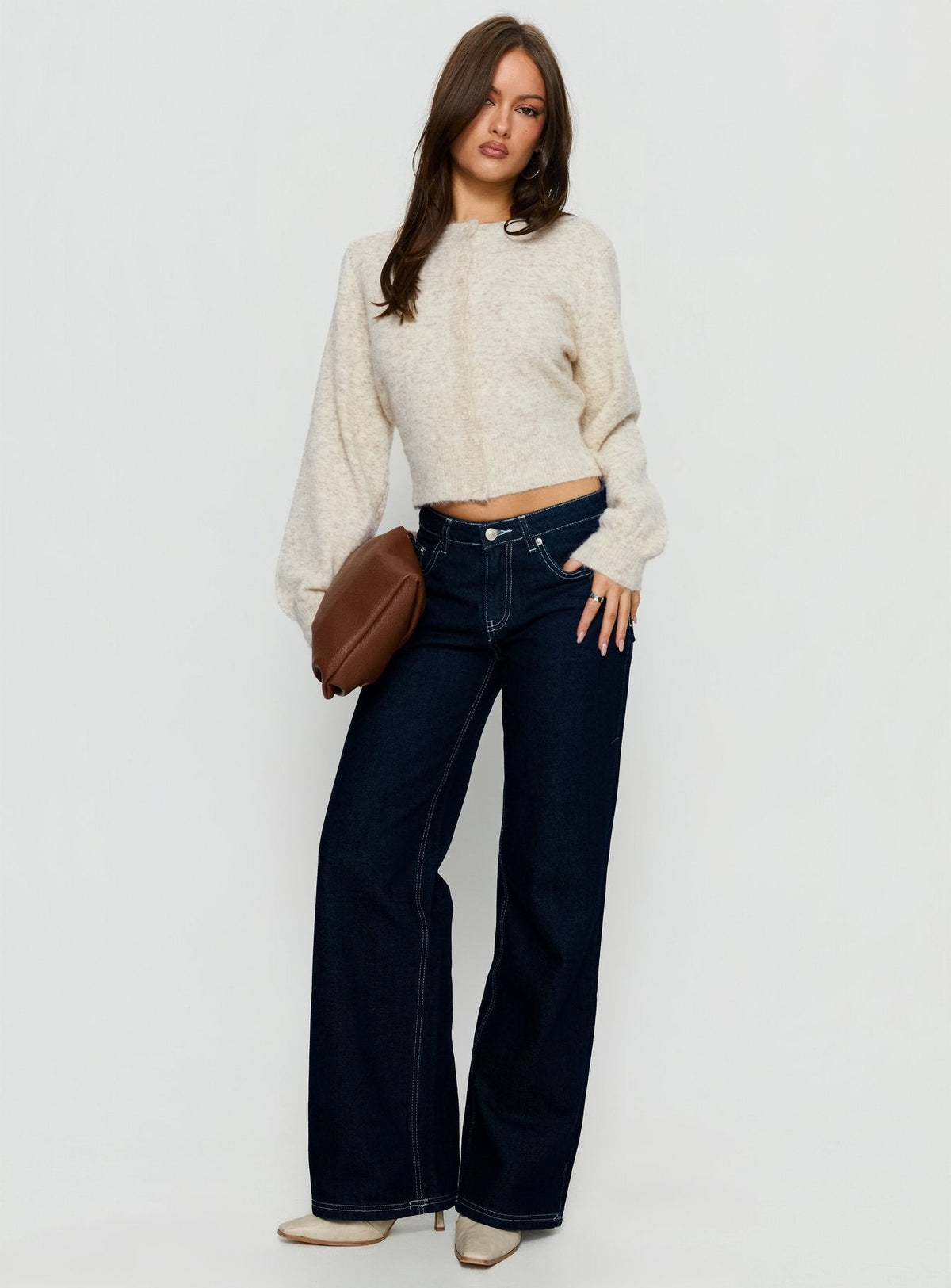 front view of model wearing Princess Polly Dawsen Button Down Cardigan Cream cropped Jumpers 