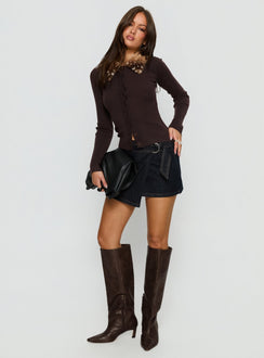 front view of model wearing Princess Polly Chiqueeta Faux Fur Trim Knit Cardigan Brown cropped 