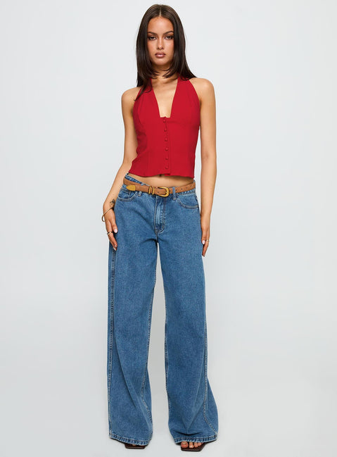 front view of model wearing Princess Polly Serefina Halter Top Red Sleeveless Plunger 