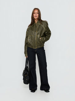 Jaxton Faux Leather Bomber Jacket Olive