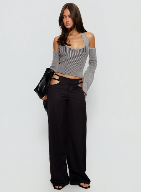 Venicia Belt Detail Suiting Pant Black Pinstripe