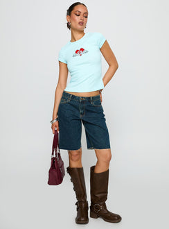 front view of model wearing Princess Polly Sweet Swans Baby Tee Blue Short Sleeves Crew Neck 