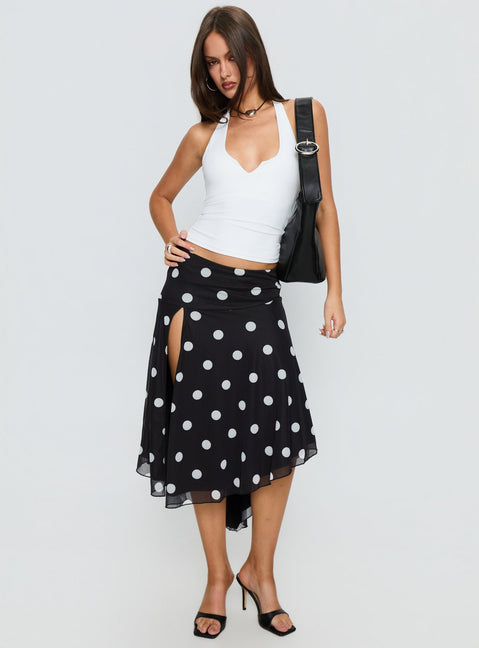 Dulciana High Split Asymmetrical Midi Skirt Black / Polka Dot