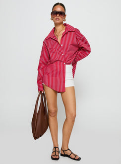 front view of model wearing Princess Polly Kodhi Oversized Long Sleeve Top Red Stripe Full Sleeves V-Neck 