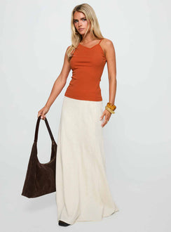 front view of model wearing Princess Polly Amarante Sleeveless Top Orange Sleeveless Asymmetric Neckline 