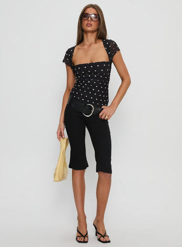 Attraction Cap Sleeve Mesh Top Black Polka