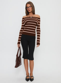 Out Of Reach Off Shoulder Knit Sweater Brown Stripe