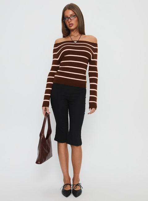 Out Of Reach Off Shoulder Knit Sweater Brown Stripe