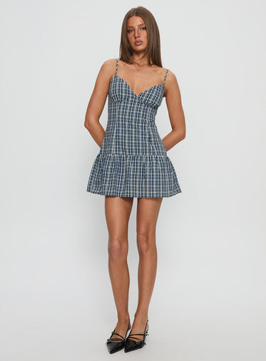 Jessamae Drop Waist Playsuit Blue Check