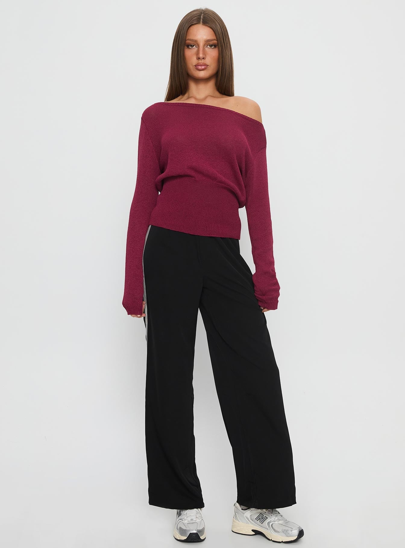 front view of model wearing Princess Polly Fusion Tailored Track Pant Black High Rise Pants 