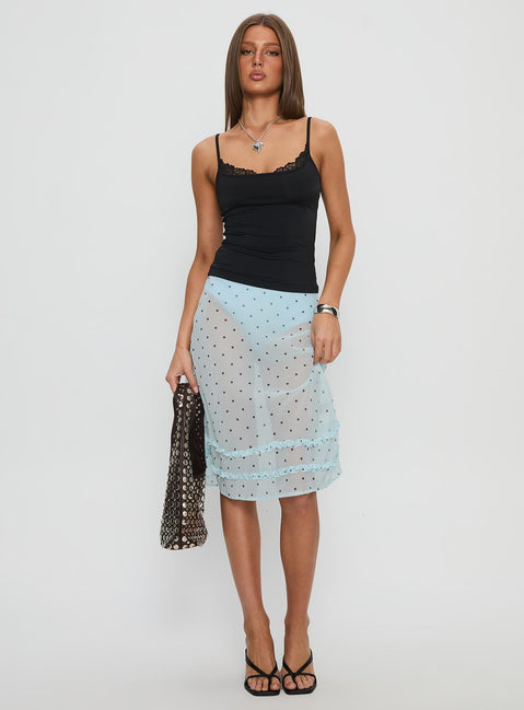   front view of model wearing Princess Polly Lyza Sheer Midi Skirt Blue Polka Midi Skirts 