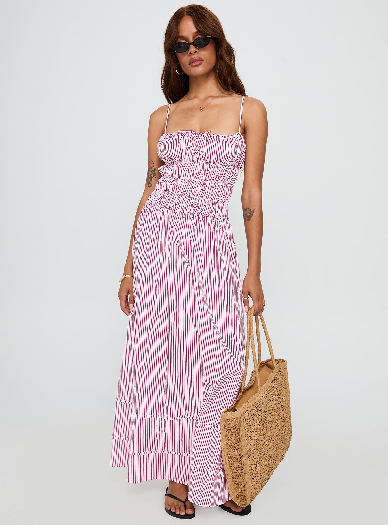 back view of model wearing Princess Polly Loralei Shirred Maxi Dress Red Stripe Square Neck 