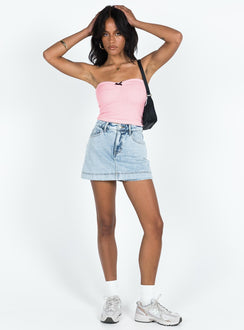 front view of model wearing Princess Polly Heuston Skort Denim High Waisted Shorts 