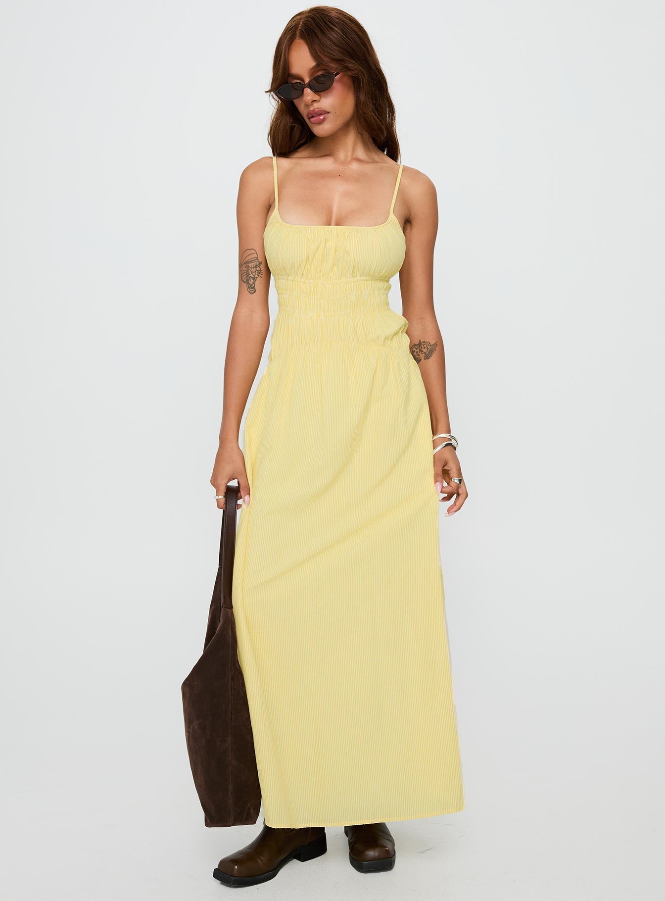 front view of model wearing Princess Polly Magnolie Shirred Maxi Dress Yellow Stripe Square Neck 