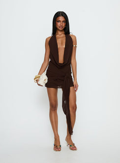Snakepit Halter Plunge Mini Dress Chocolate
