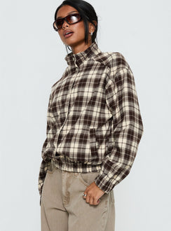Khodana Funnel Neck Button Down Jacket Brown Check