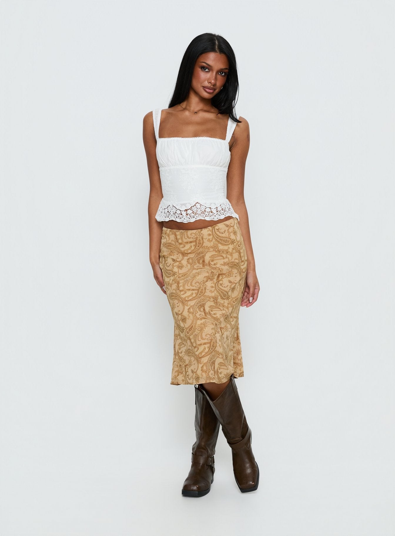   side view of model wearing Princess Polly Moses Midi Skirt Paisley Midi Skirts 