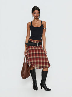 Evanescence Asymmetrical Midi Skirt Brown Check