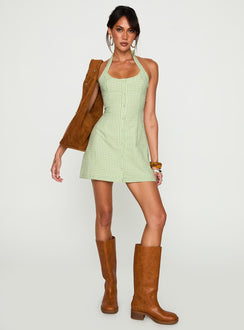 back view of model wearing Princess Polly Mallorie Halter Mini Dress Green Check Scoop Neck 